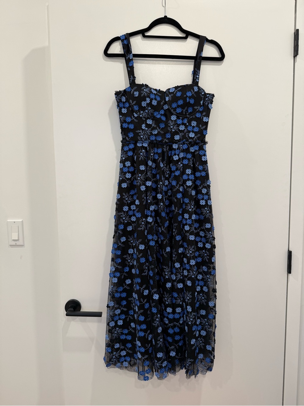Black Midi Dress with Blue Floral Embroidery